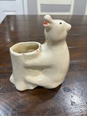 Vintage Adorable Cream Ceramic Bear Planter with Red Accent